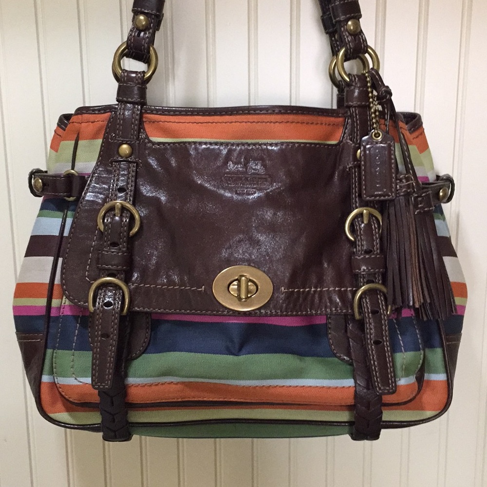 Coach Legacy Stripe Sateen Leather Tote Handbag